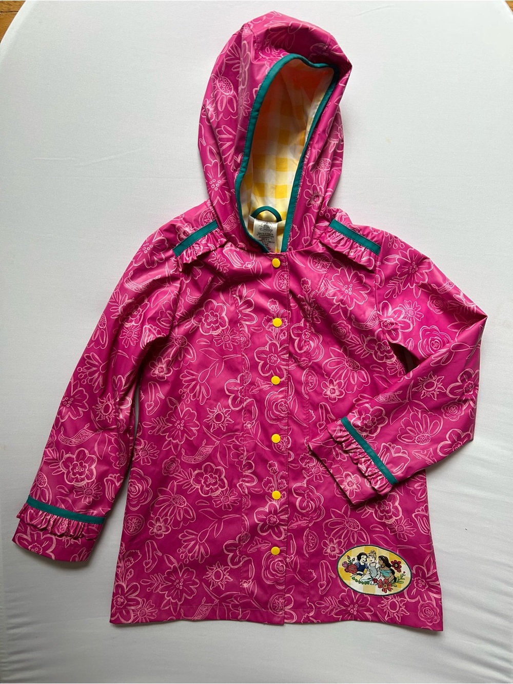Disney Store Girls Hooded Princess Rain Jacket Pink Floral Size 7/8 EUC